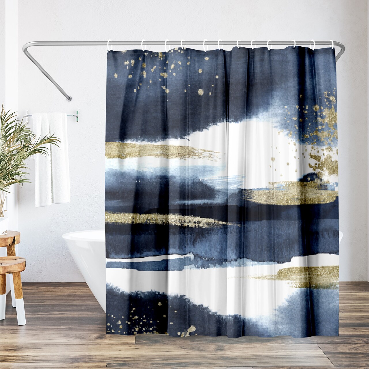 Americanflat 71" x 74" Shower Curtain, Abstract Navy Gold by Lisa Nohren